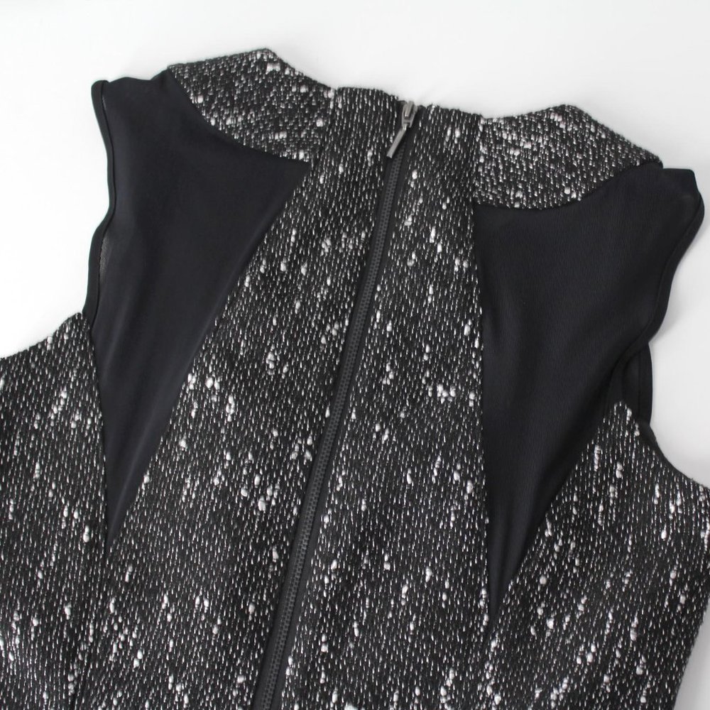 Bebe Dress elegant black white tweed mesh trim fringe hem Women's Sz 0 - Picture 6 of 12